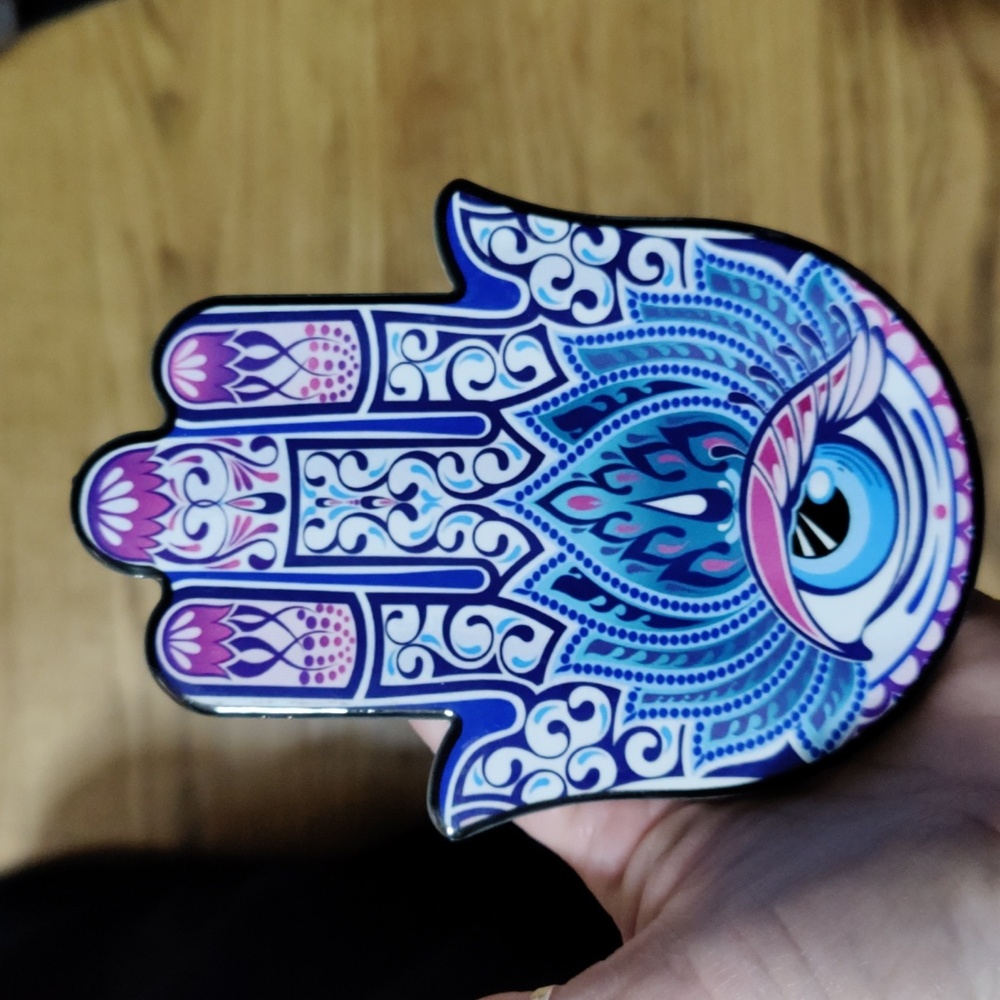 Hamsa Hand porcelain size 4 inches across and 5.75 long purple and pink